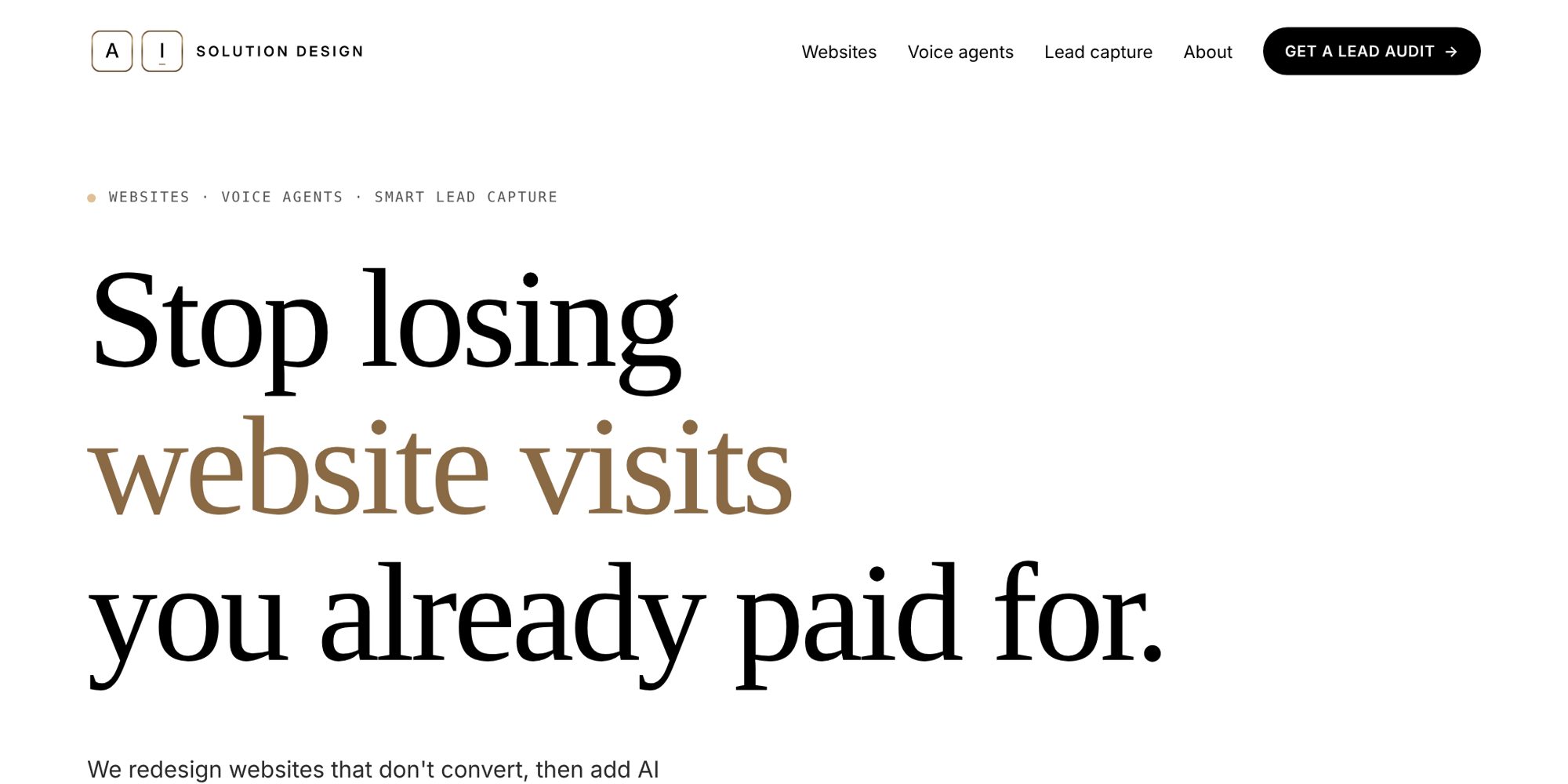 New Solution Design AI website with the headline Stop losing website visits you already paid for