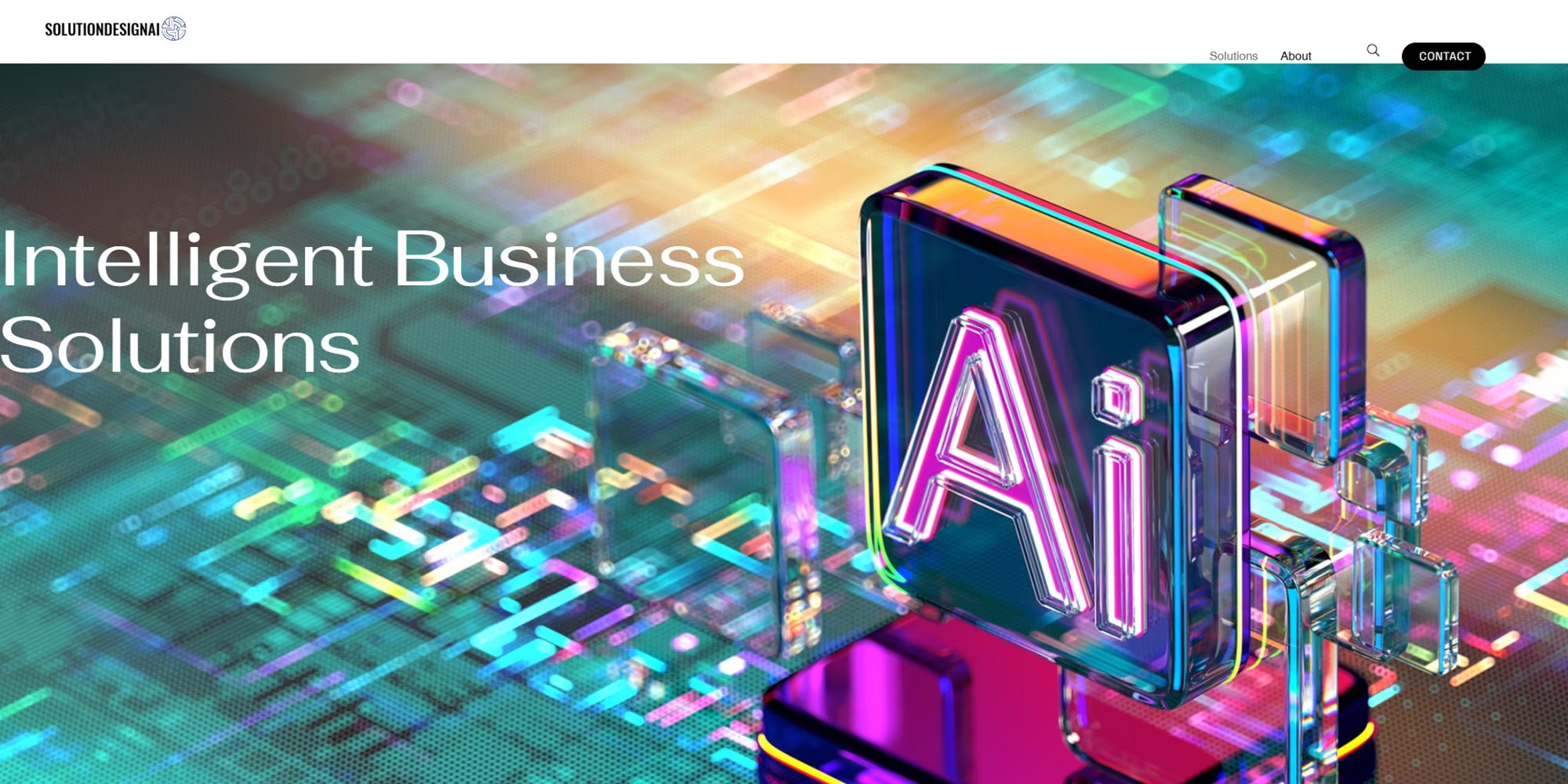 Old Solution Design AI website: neon AI stock image behind the words Intelligent Business Solutions